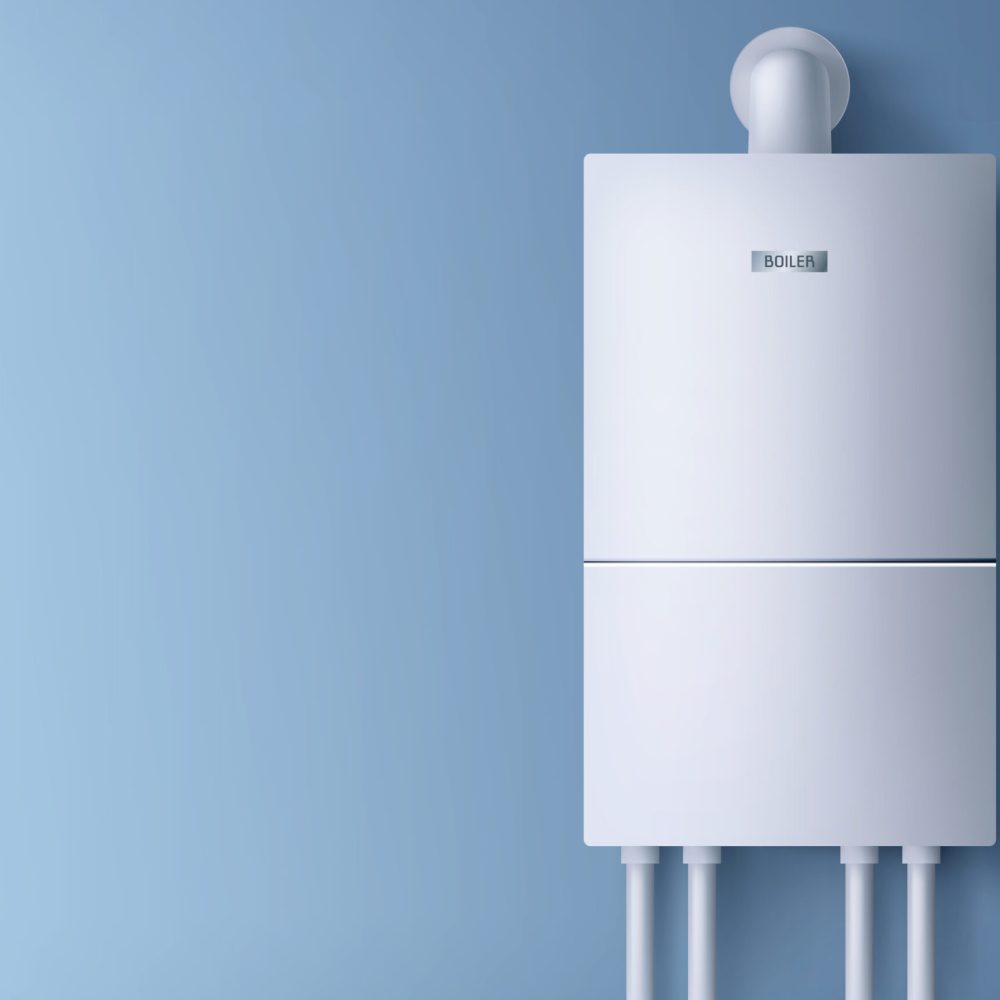 Boiler, electronic water heater hanging on blue wall. Home plumbing electric fixture with pipes for heating cold aqua. Energy and cash savings smart system equipment. Realistic 3d vector illustration