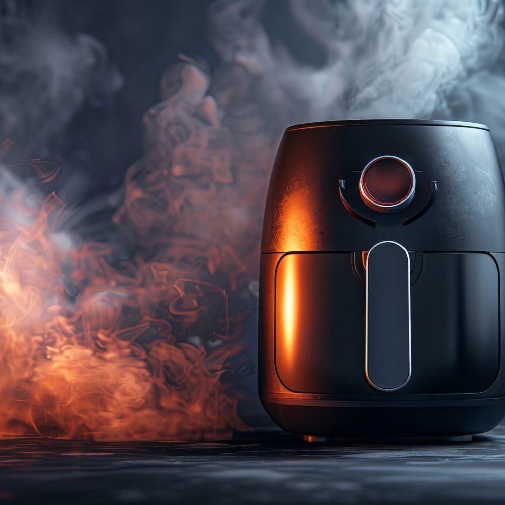 High-quality, detailed product photograph of a cutting-edge, futuristic air fryer with advanced features and a stylish design, set against a black background with epic smoke effects in the background and ample copy space. No logos, all numbers clearly visible and well-written --chaos 20 --ar 16:9 --style raw --stylize 700 Job ID: 10354823-a908-4685-8019-d6c458ed533b